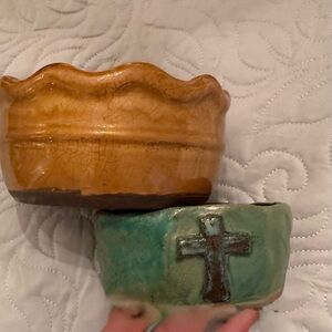 Ceramic Bowls-Caramel Brown and Teal with Cross - Perfect for snacks or candles